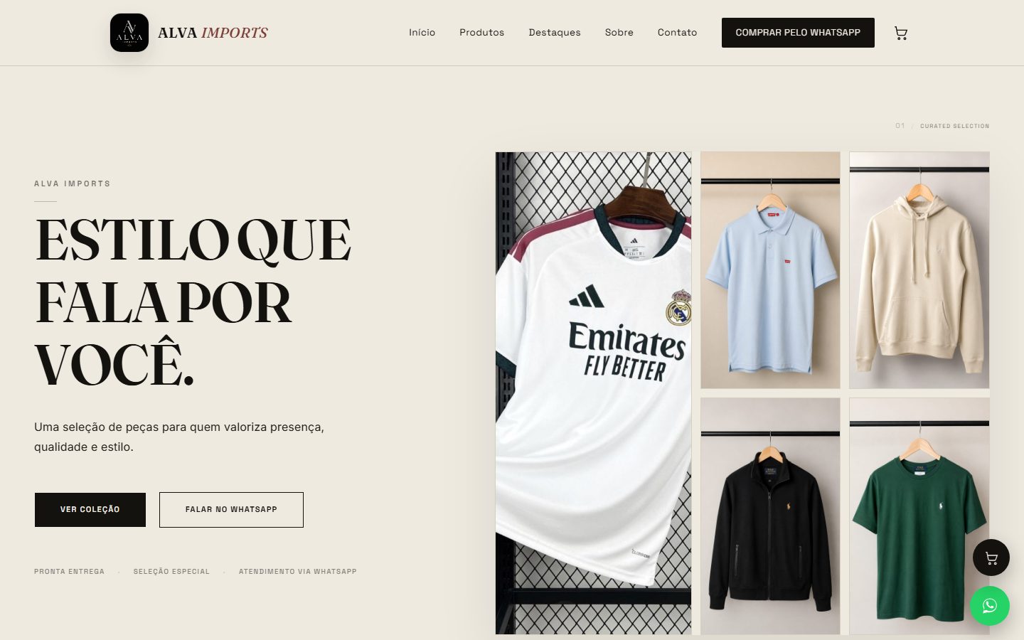 Página inicial do site Alva Imports: título 'Estilo que fala por você' ao lado de uma grade de peças de roupa